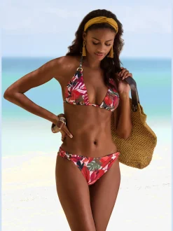 Bas de maillot de bain en polyamide recyclé avec motifs tropicaux et anneaux décoratifs en or