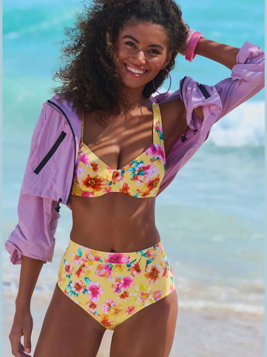 Bas de maillot de bain floral en microfibre douce avec découpe taille haute