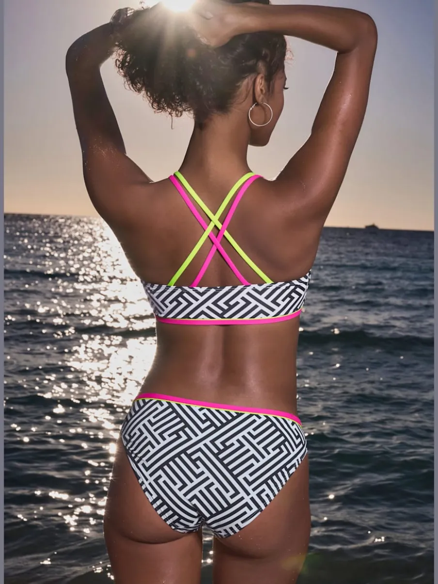 Bas de maillot de bain à motif graphique et ceinture colorée