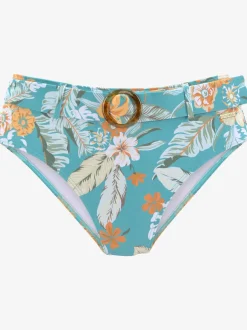 Bas de maillot de bain taille haute à motif tropical avec ceinture
