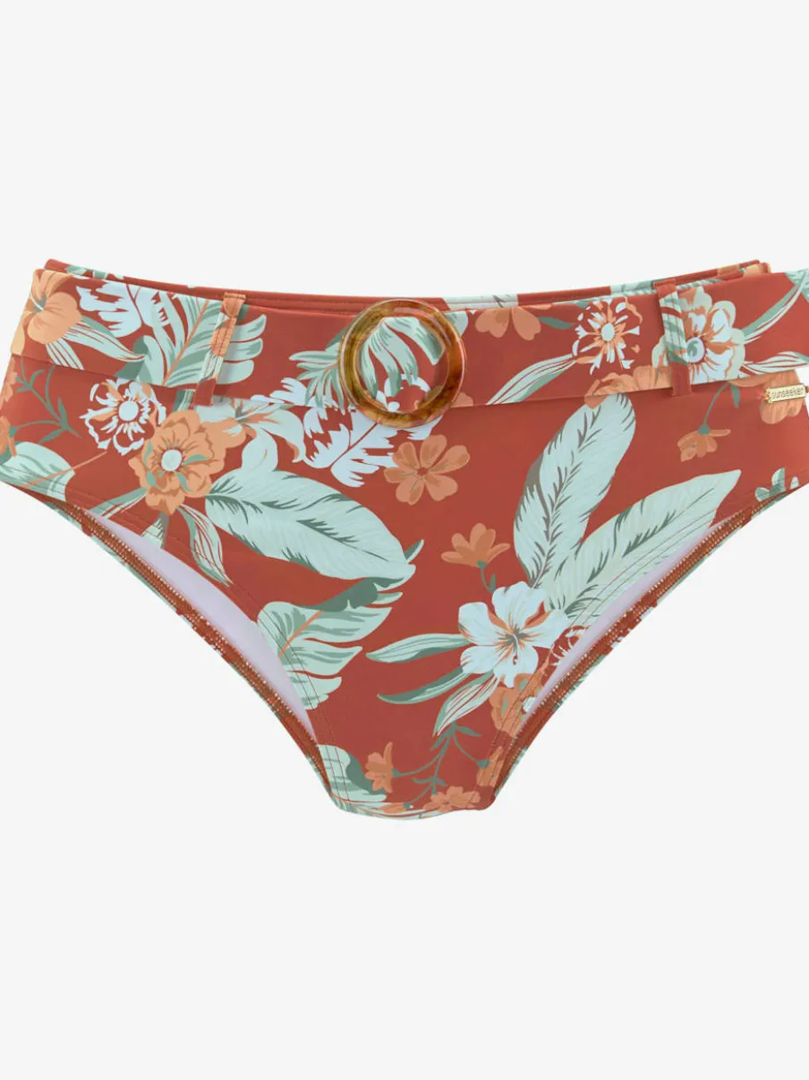 Bas de maillot de bain taille haute à motif tropical avec ceinture