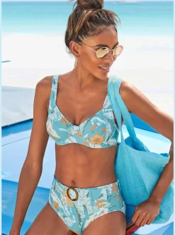 Bas de maillot de bain taille haute à motif tropical avec ceinture