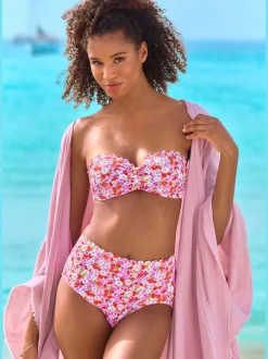 Bas de maillot de bain taille haute avec bords ondulés et motifs floraux