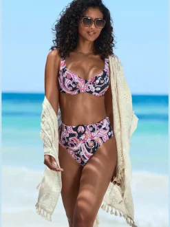 Bas de maillot de bain taille haute à motifs avec boucle décorative