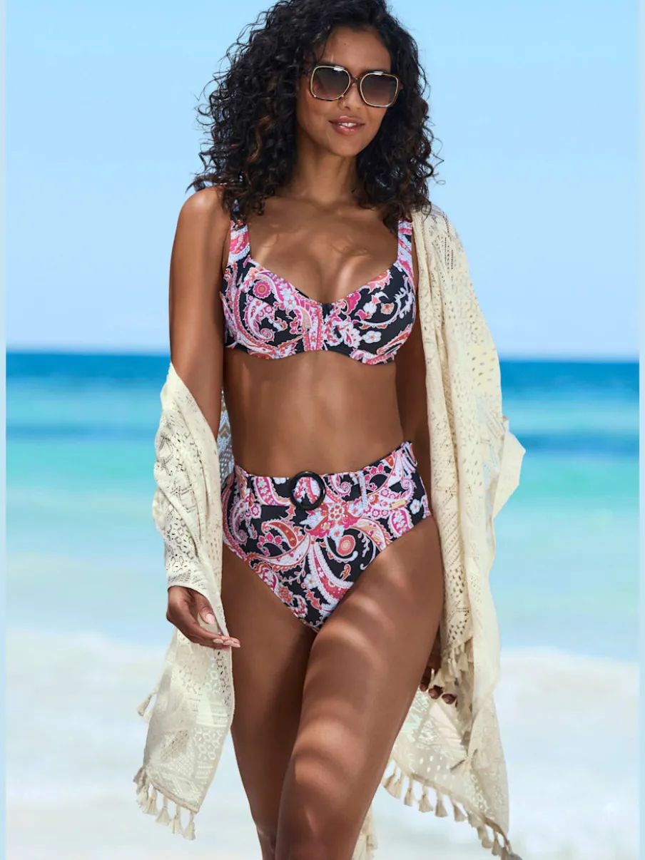 Bas de maillot de bain taille haute à motifs avec boucle décorative