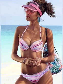 Bikinis rayés avec bonnets rembourrés et bordures crochet