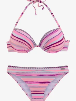 Bikinis rayés avec bonnets rembourrés et bordures crochet