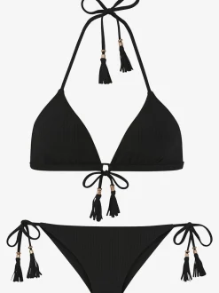 Bikini triangle à structure côtelée avec houppes et bonnets amovibles