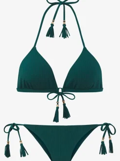 Bikini triangle à structure côtelée avec houppes et bonnets amovibles
