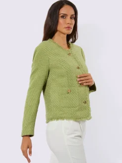 Blazer bouclé à encolure ronde avec franges et poches décoratives