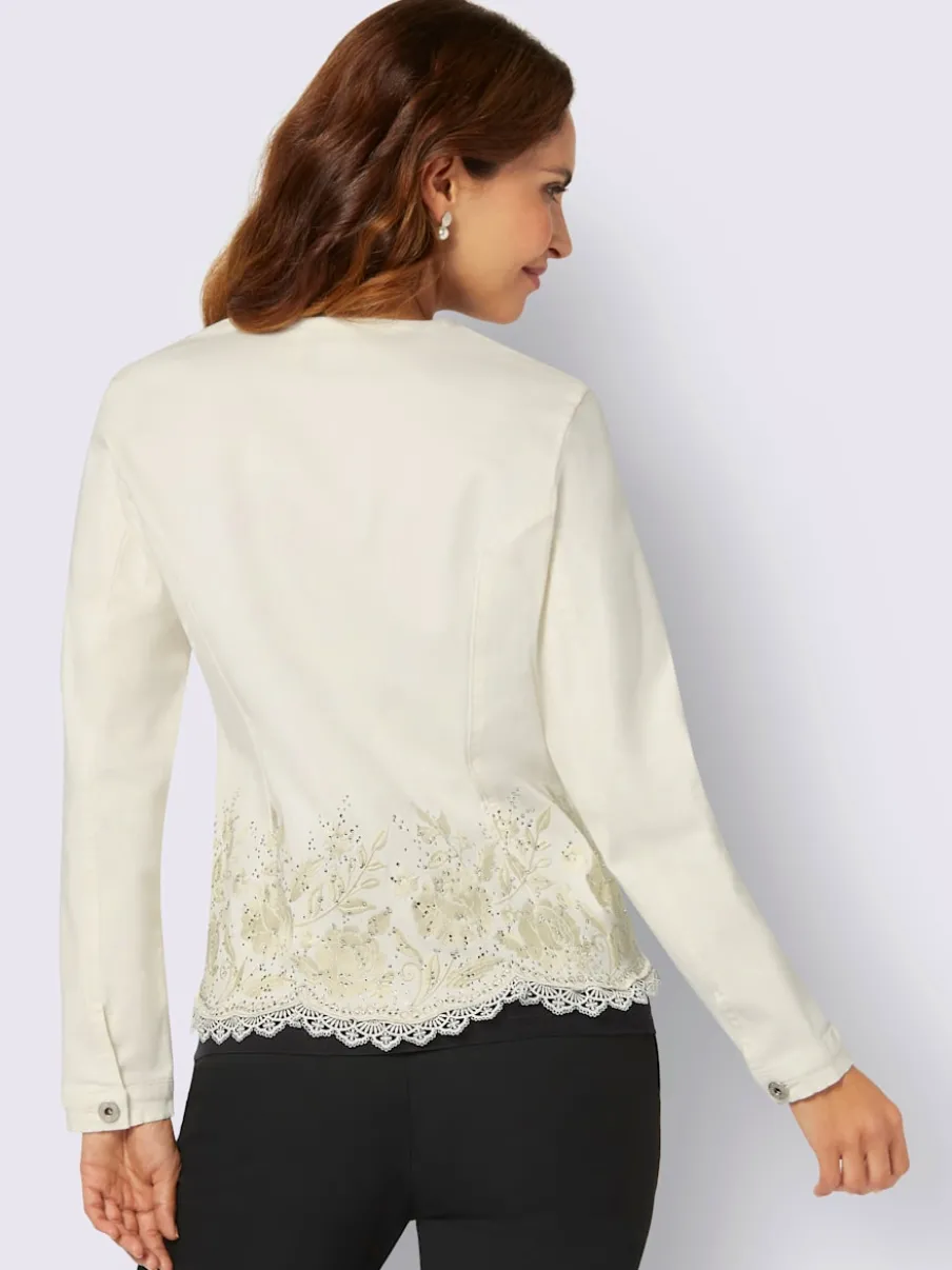 Blazer chemisier en jean à broderies et boutons raffinés