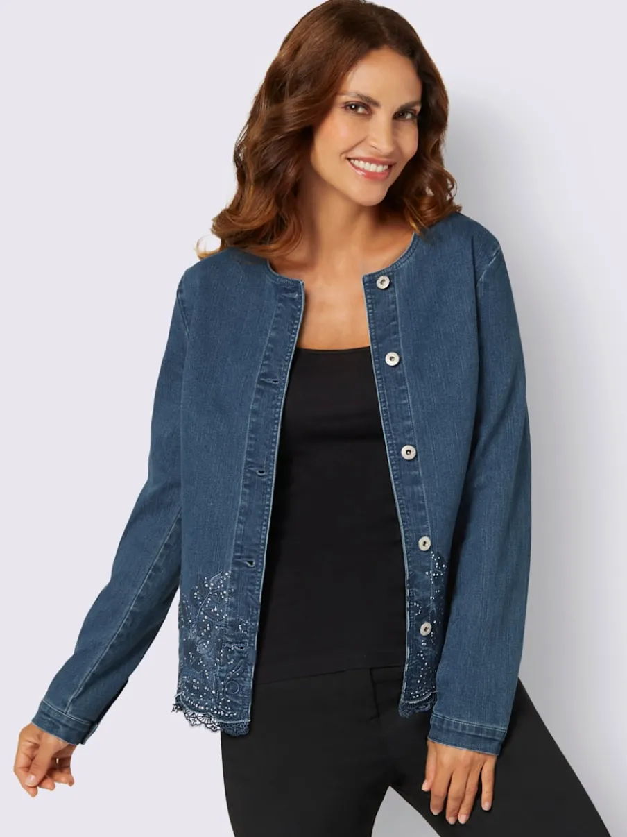 Blazer chemisier en jean à broderies et boutons raffinés