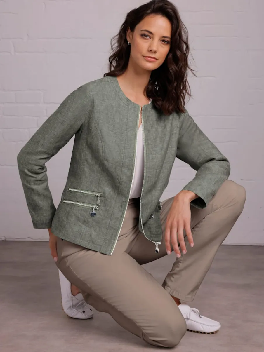 Blazer en lin avec col rond et poches zippées