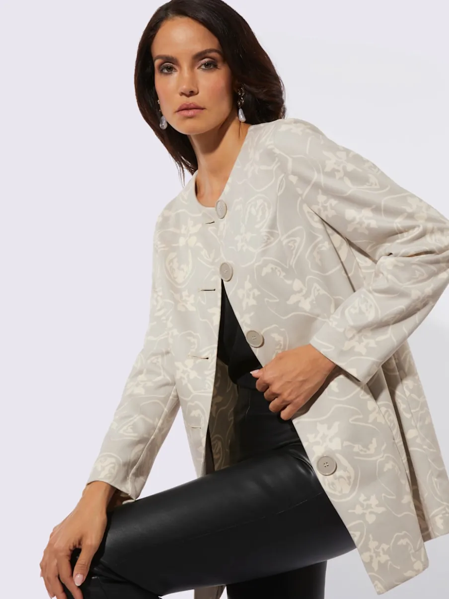 Blazer long à col rond et à patte de boutonnage avec motif floral