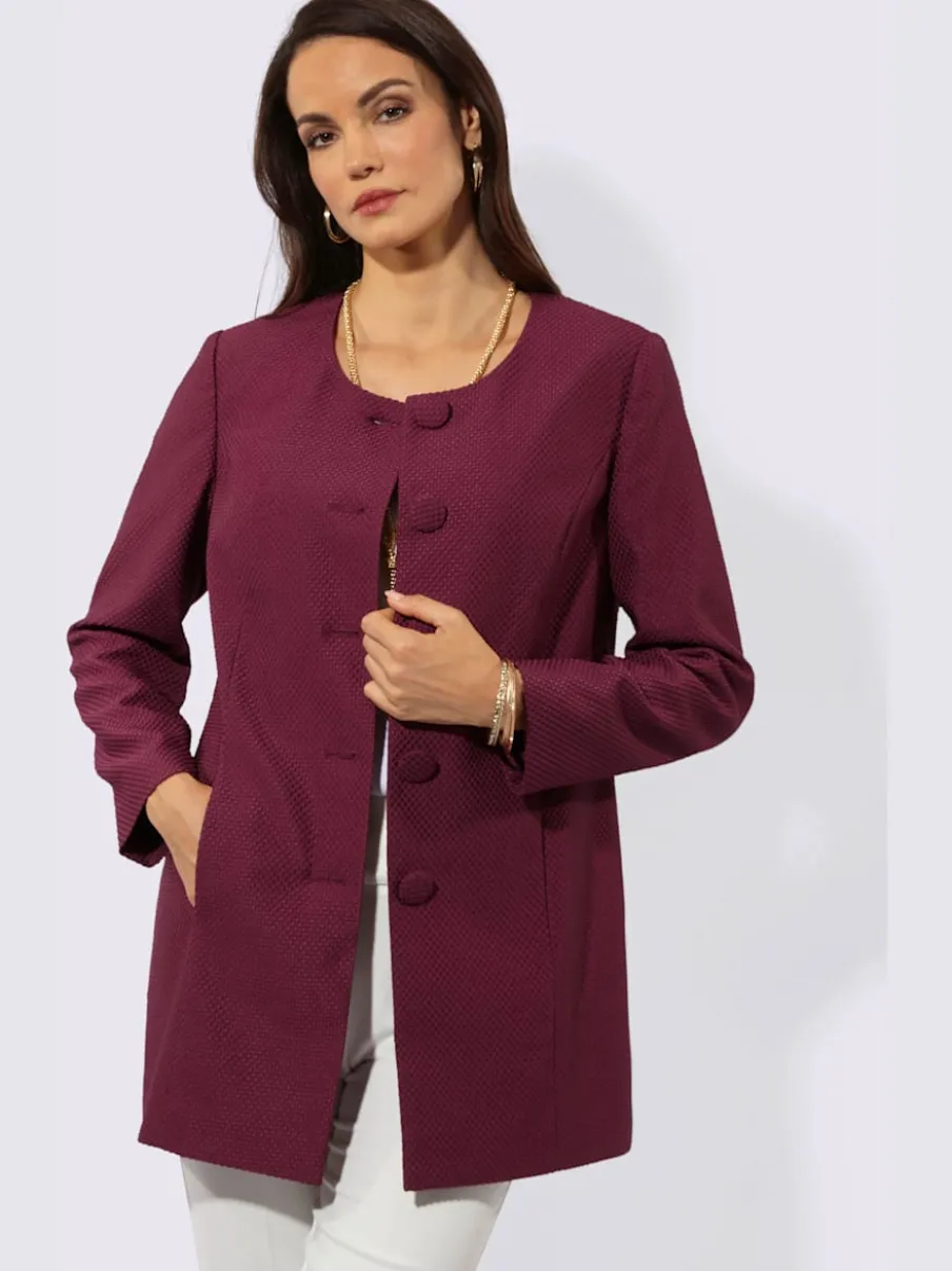Blazer long à encolure ronde et poches avec finition jacquard