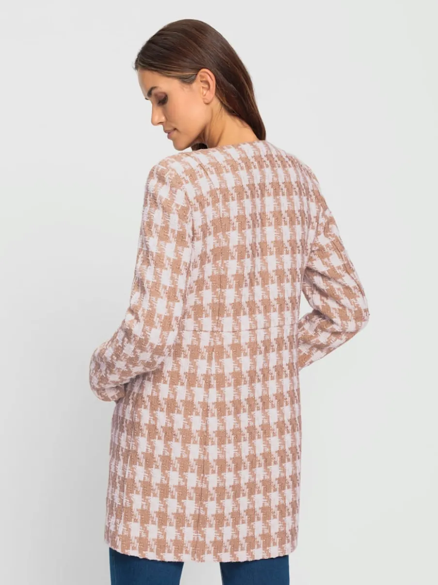 Blazer long motif pied-de-poule avec poches cousues