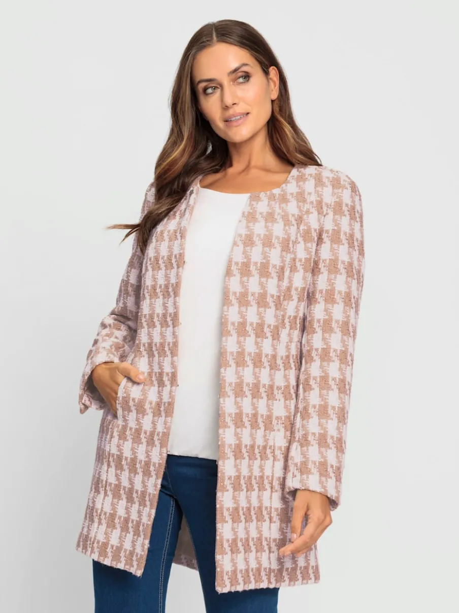 Blazer long motif pied-de-poule avec poches cousues
