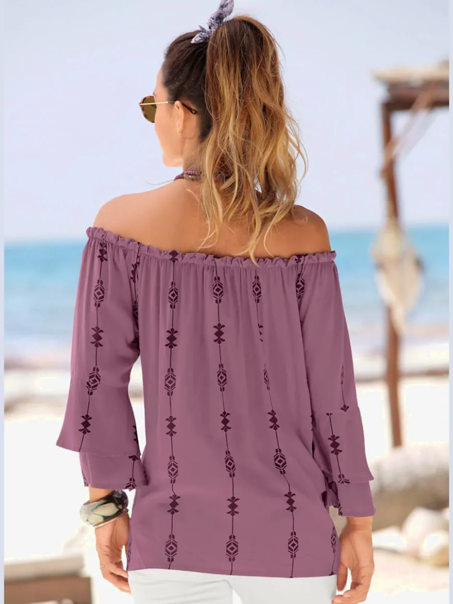 Blouse carmen à encolure élastiquée et manches 3/4 volantes