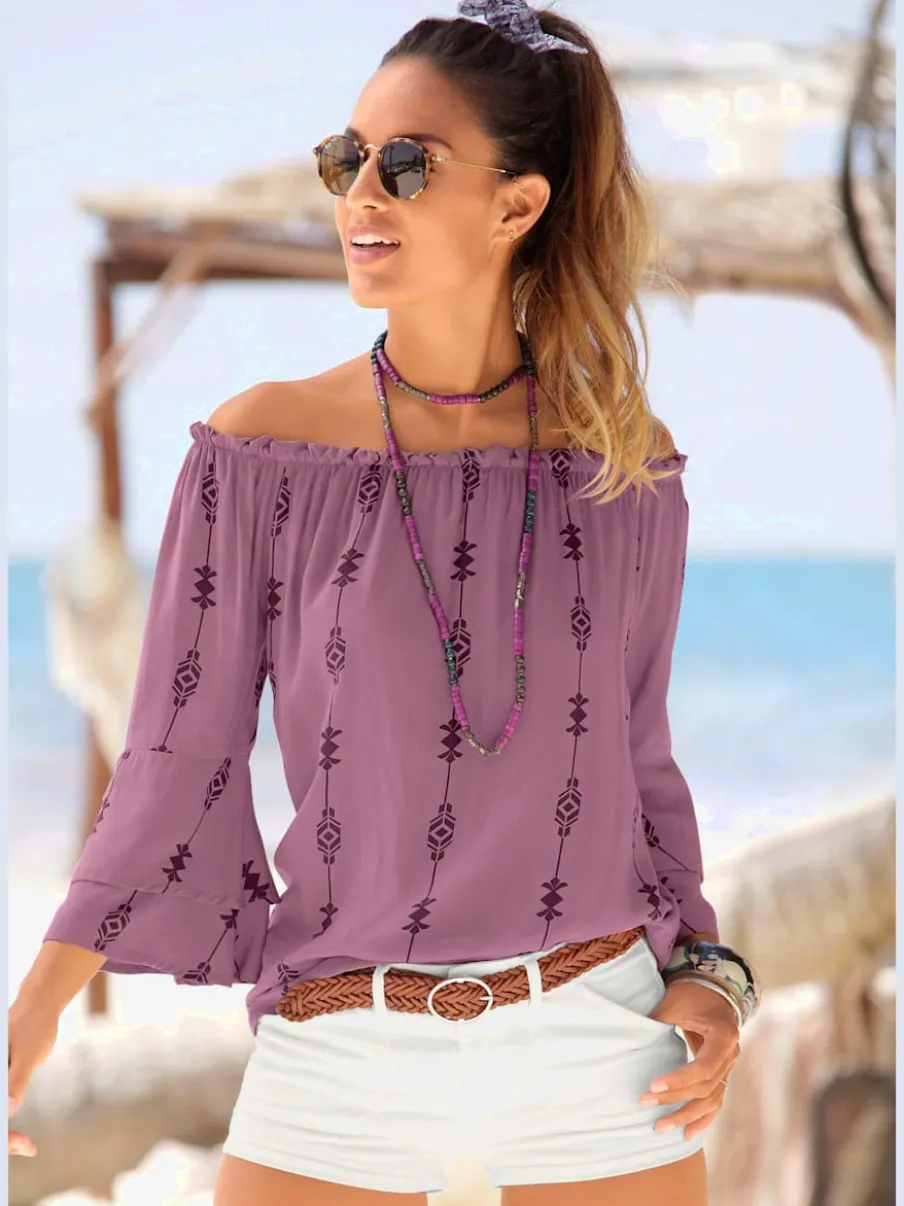 Blouse carmen à encolure élastiquée et manches 3/4 volantes