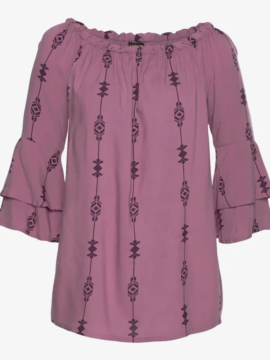 Blouse carmen à encolure élastiquée et manches 3/4 volantes