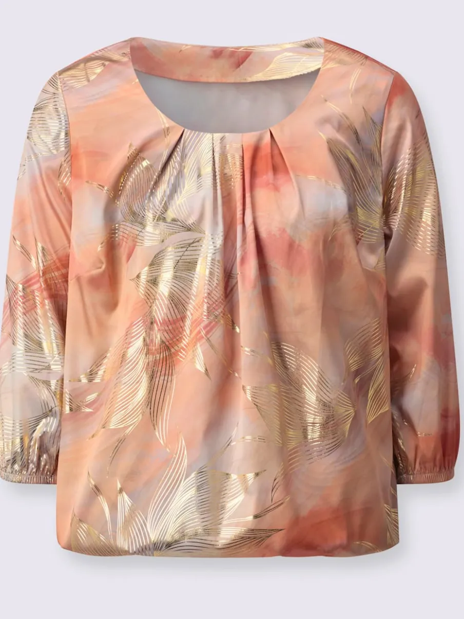 Blouse à col rond plissé et manches 3/4 élastiquées