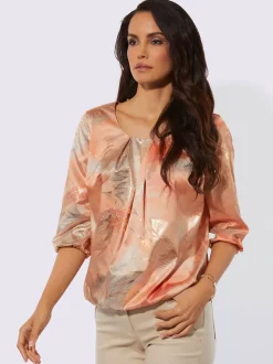 Blouse à col rond plissé et manches 3/4 élastiquées