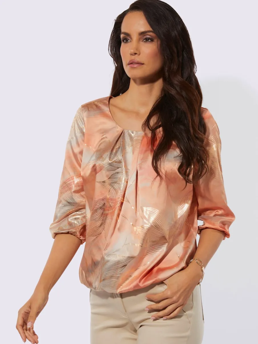 Blouse à col rond plissé et manches 3/4 élastiquées