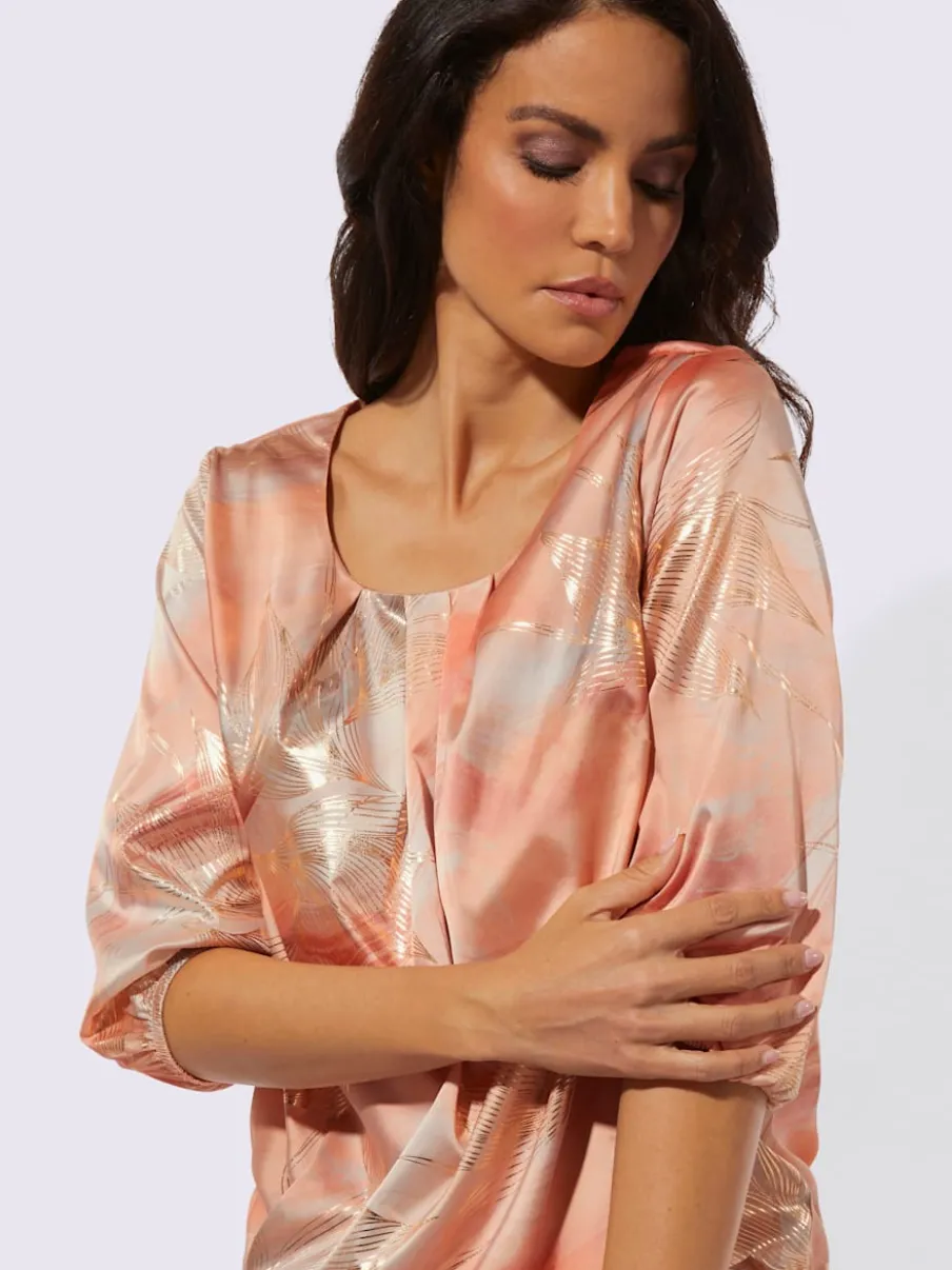 Blouse à col rond plissé et manches 3/4 élastiquées