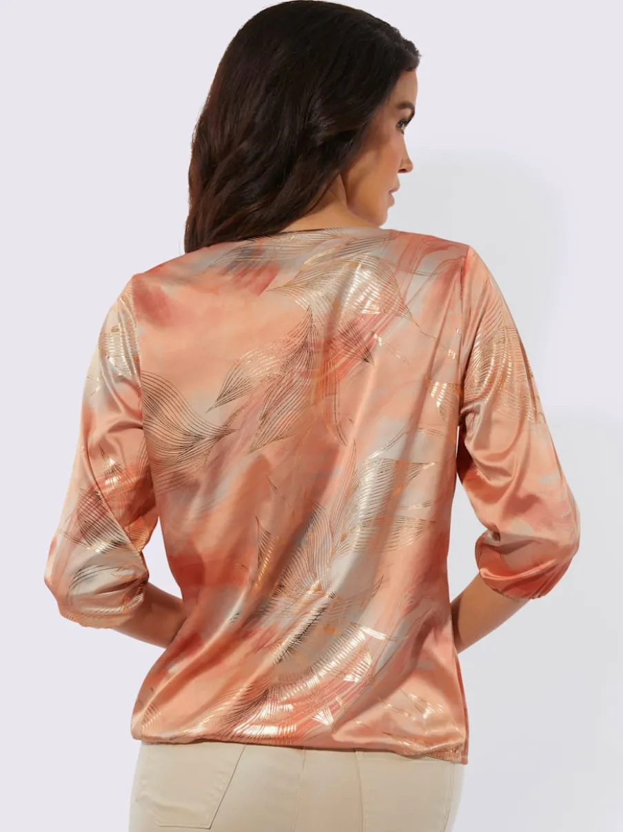 Blouse à col rond plissé et manches 3/4 élastiquées