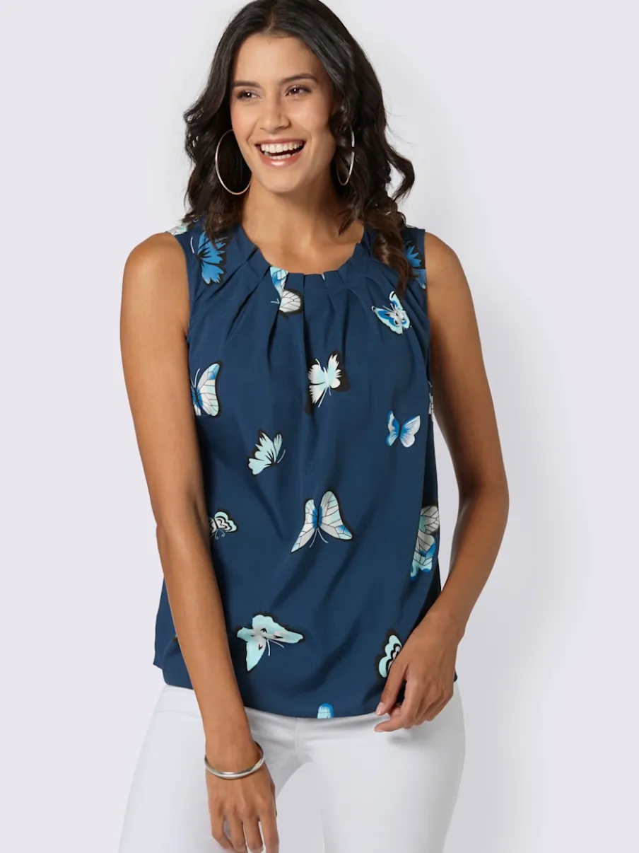 Blouse fluide sans manches imprimée avec plis décoratifs