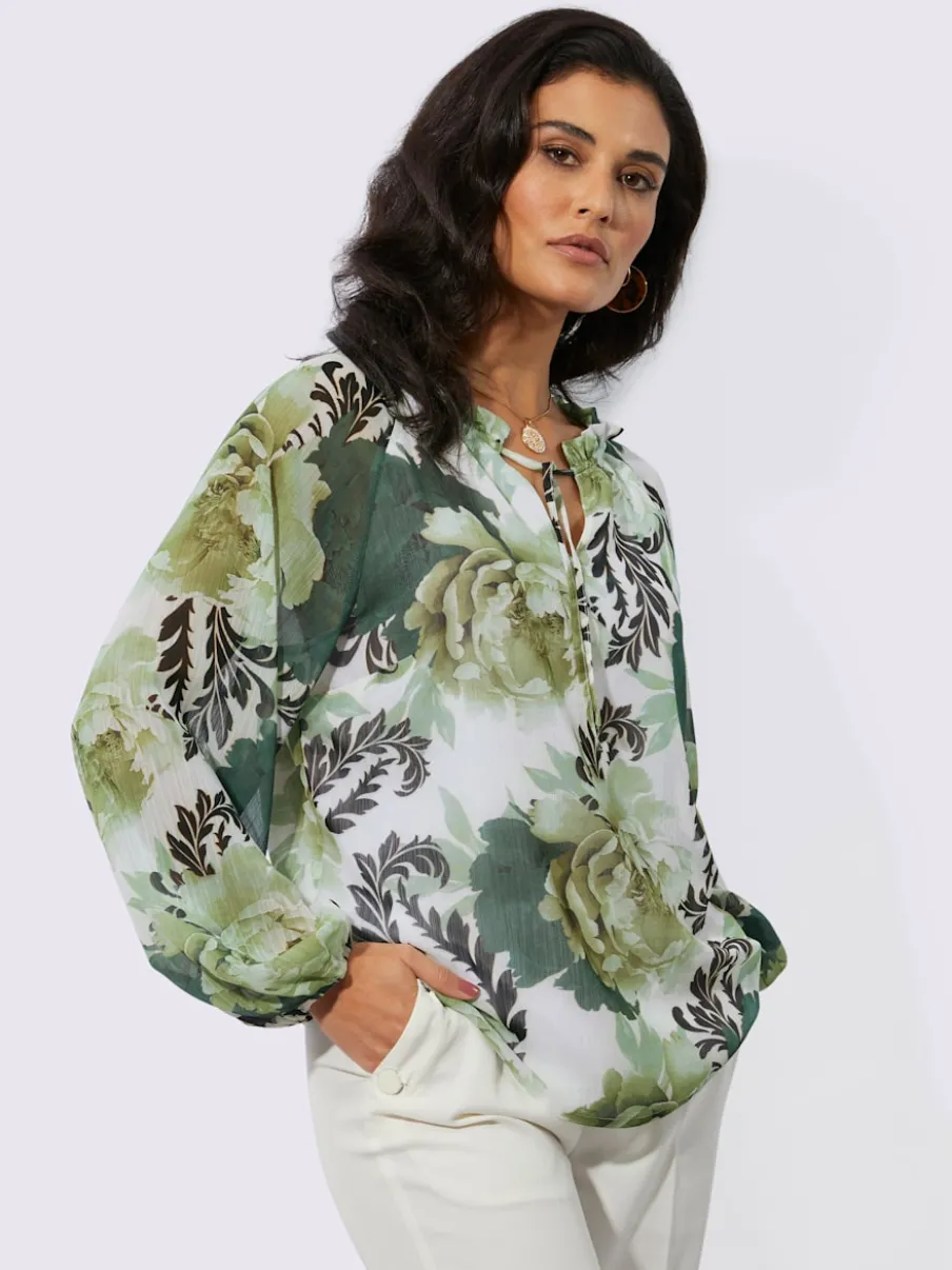 Blouse à imprimé floral col arrondi manches longues raglan