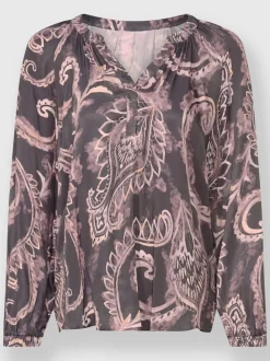 Blouse satin fluide motif paisley manches longues fronces