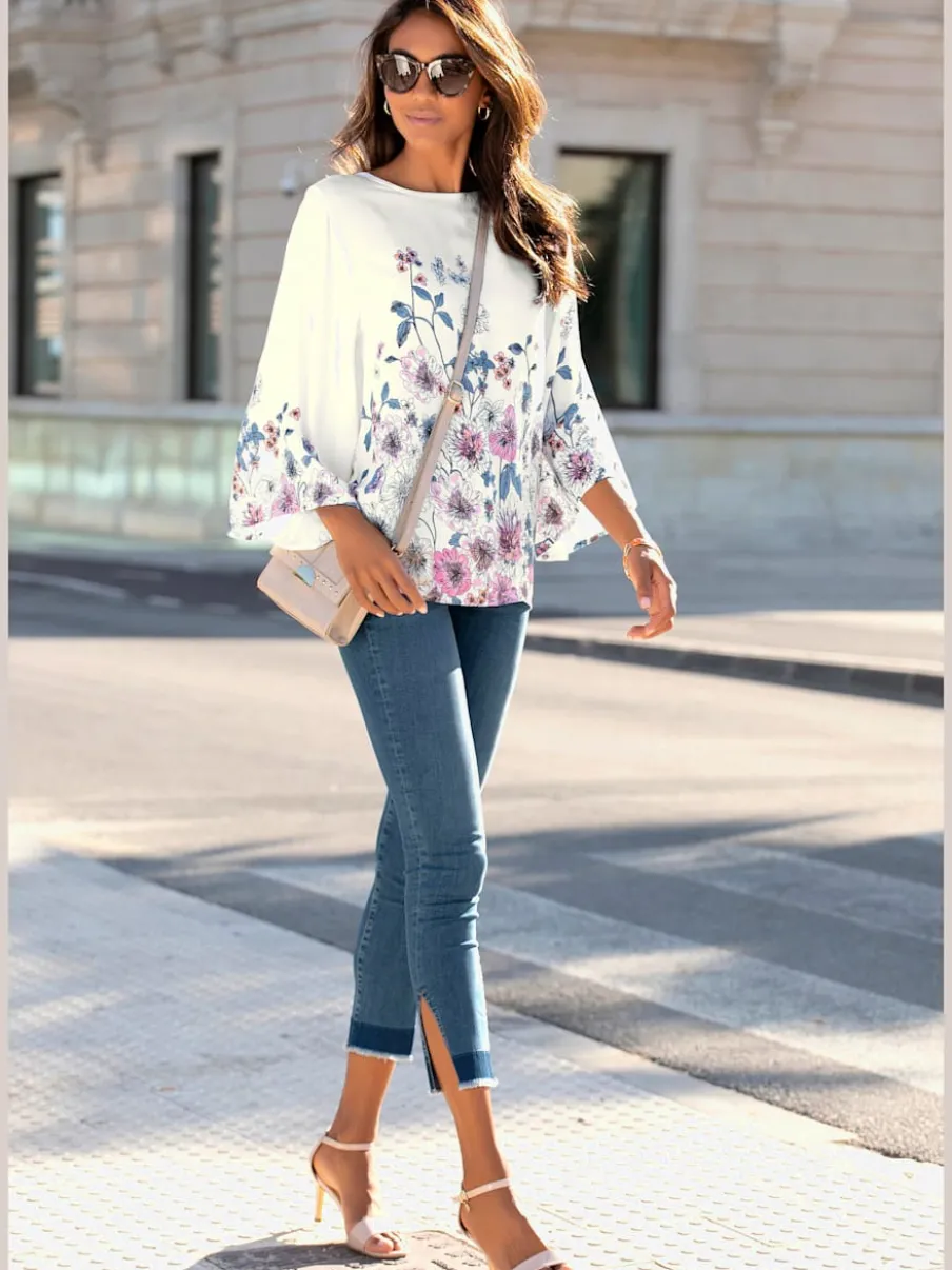 Blouses à fleurs avec manches 3/4 et col rond