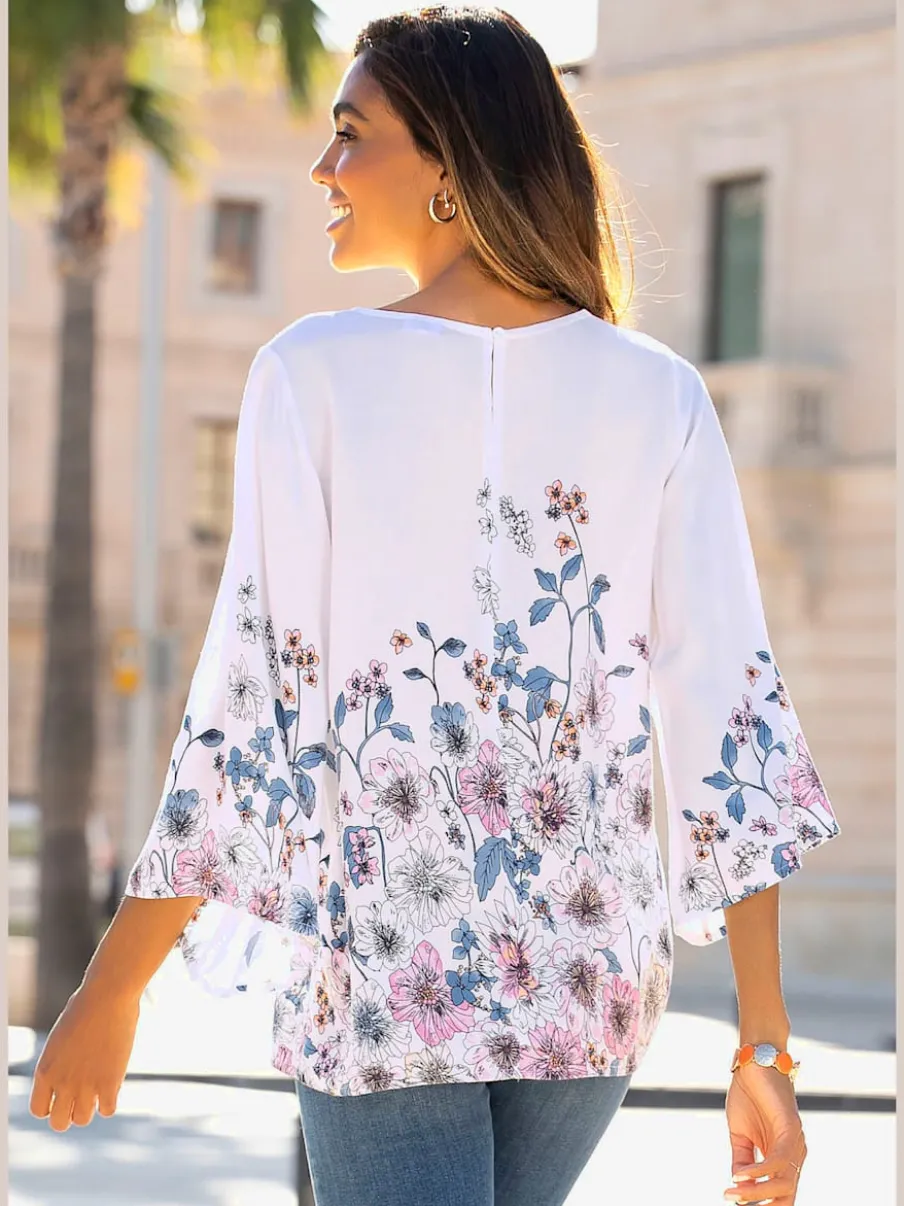 Blouses à fleurs avec manches 3/4 et col rond