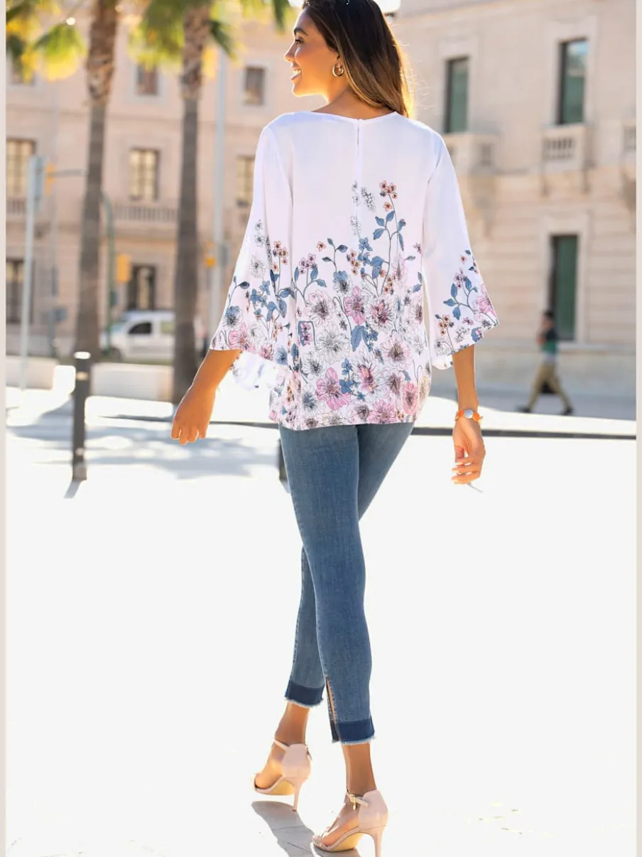 Blouses à fleurs avec manches 3/4 et col rond