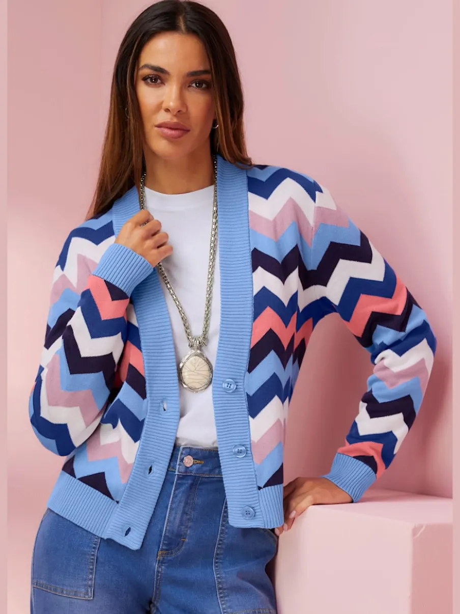 Cardigan ample avec encolure en V et zigzags graphiques