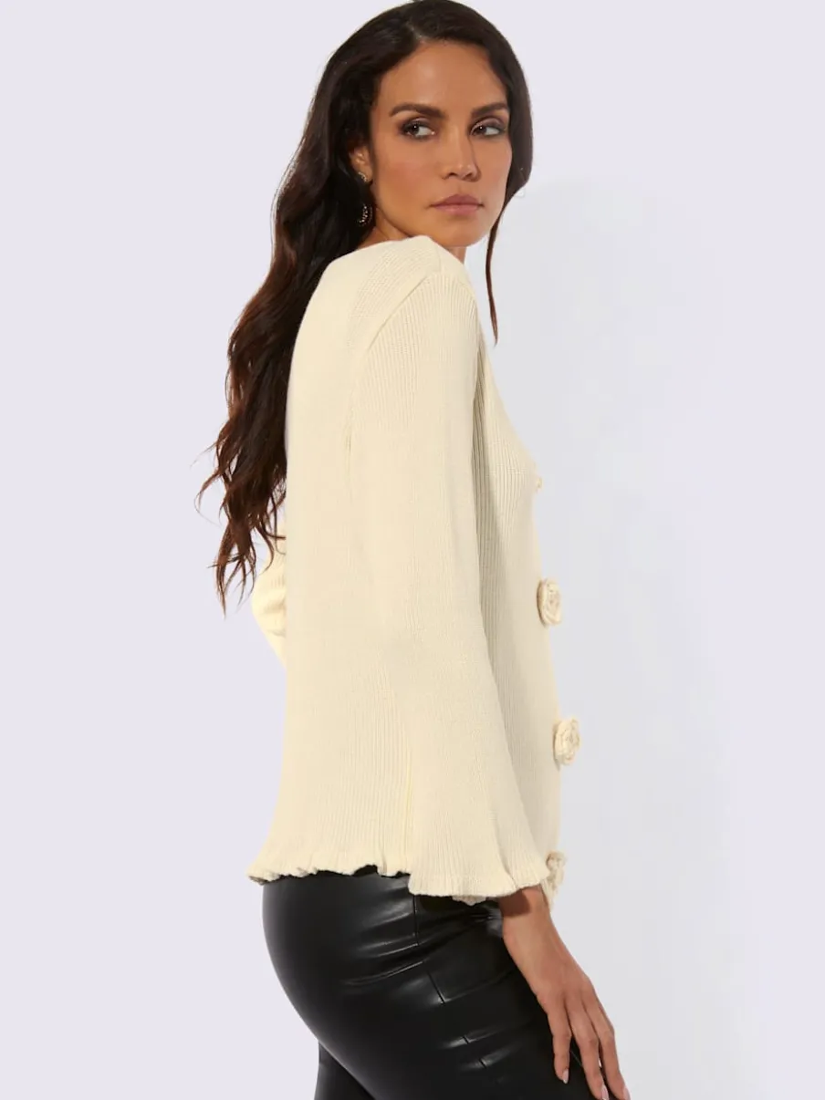 Cardigan à col rond et manches longues avec fleurs tricotées