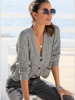 Cardigan court en tricot à motif torsadé avec poches et boutons