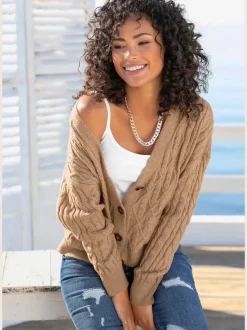 Cardigan court en tricot à motif torsadé avec poches et boutons