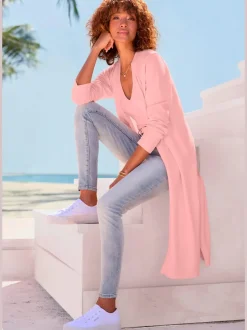 Cardigan long à manches longues en tricot doux avec bords-côtes