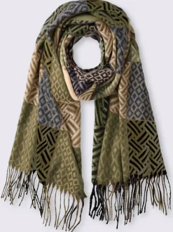 Écharpe à franges en effet patchwork avec motifs géométriques