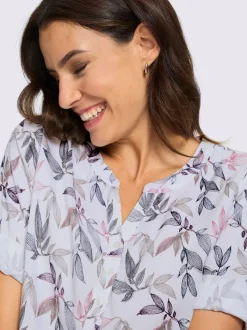 Chemisier avec col V et manches 3/4 à motif feuilles