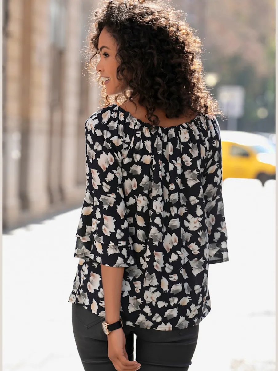 Chemisier carmen à manches 3/4 avec élastique et motifs floraux