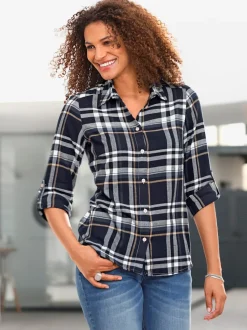 Chemisier à carreaux en flanelle avec col chemise et manches retroussables