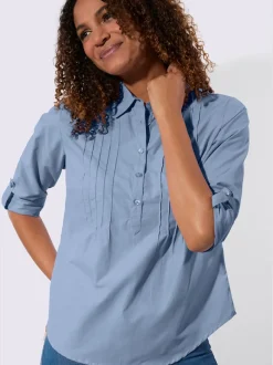 Chemisier à col chemise avec manches retroussables et nervures