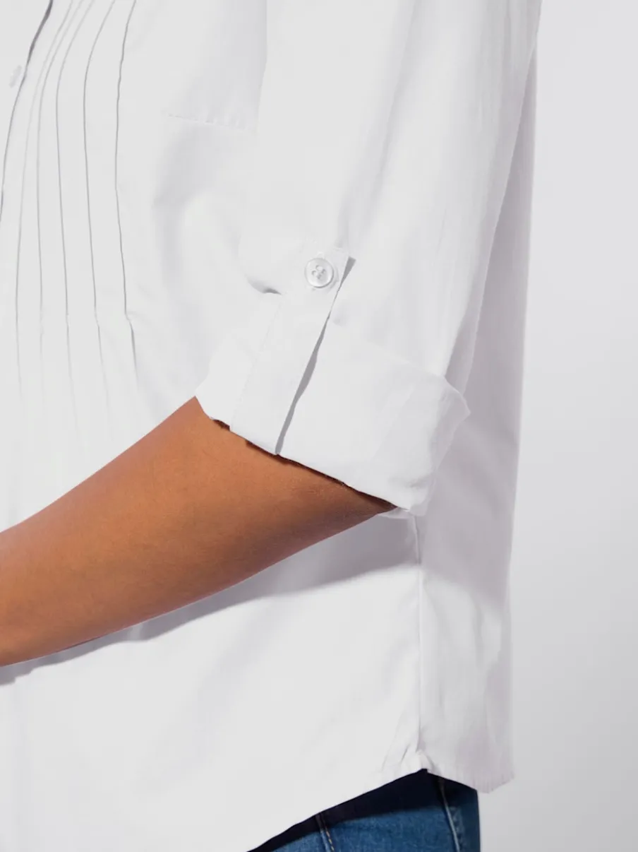 Chemisier à col chemise avec manches retroussables et nervures