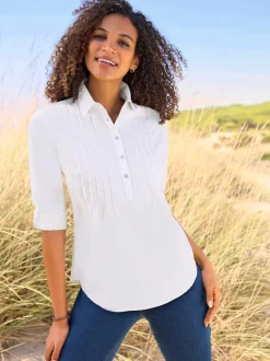 Chemisier à col chemise avec manches retroussables et nervures