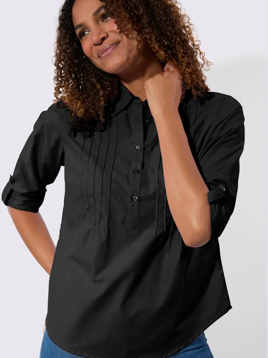 Chemisier à col chemise avec manches retroussables et nervures