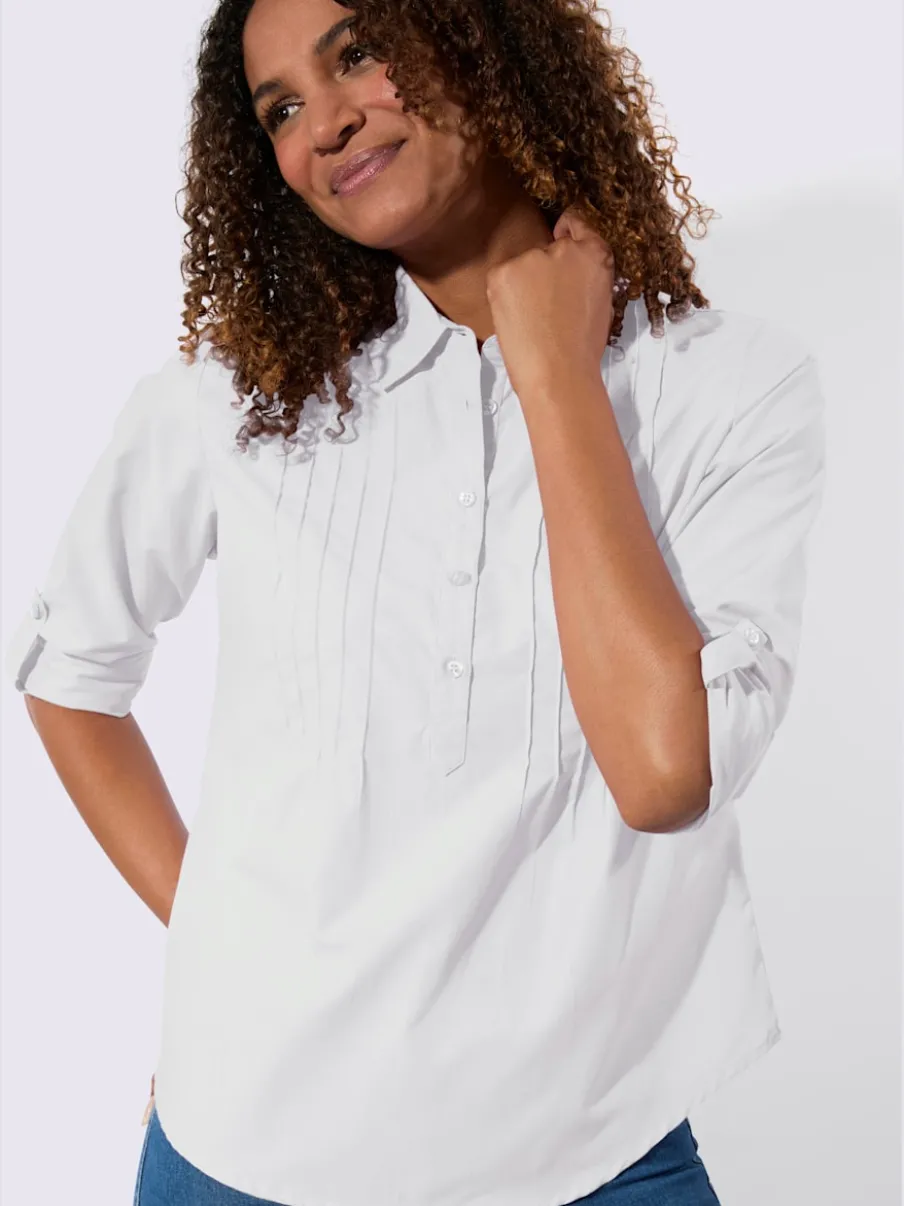 Chemisier à col chemise avec manches retroussables et nervures