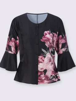 Chemisier à col rond et manches trompette avec motifs floraux
